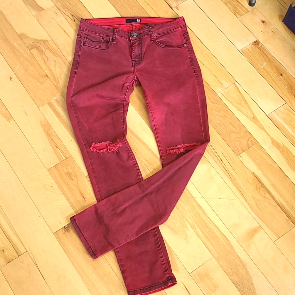 Women’s Guess Jeans Pants Soft Size 30 Burgundy Slim Fit Pockets Zipper